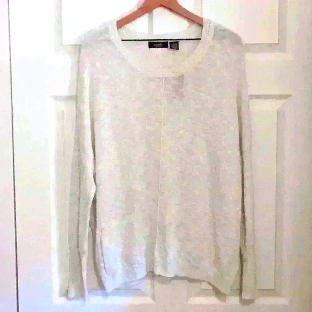 Verve Women Sweater Freesia White Large Metallic Knit Pocket Drop Shoulder NEW